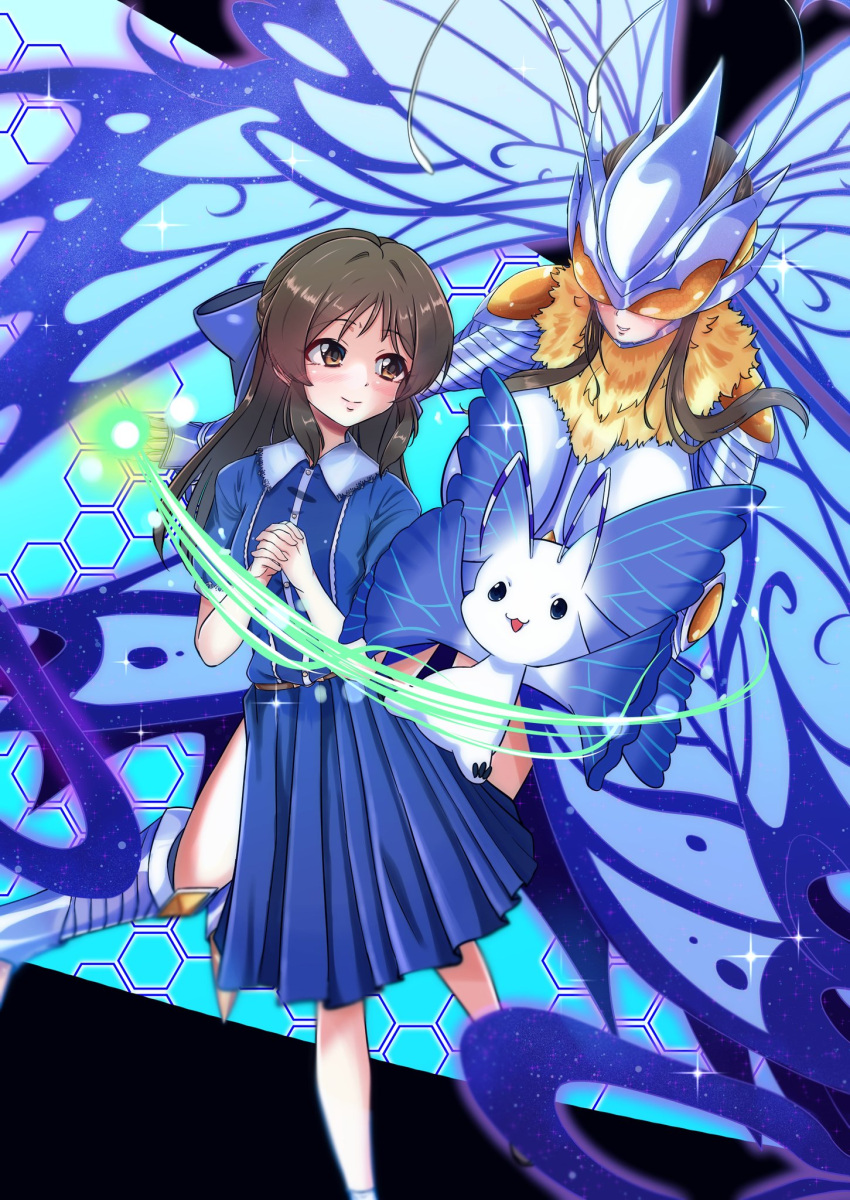 1other, 2girls, arthropod_girl, asikaga_yosimitu, blue_dress, brown_eyes, brown_hair, bug