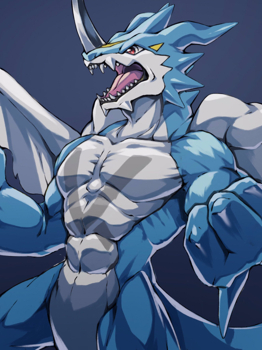 1other, clenched_hands, dark_blue_background, digimon, digimon_(creature), highres, horns, no_humans