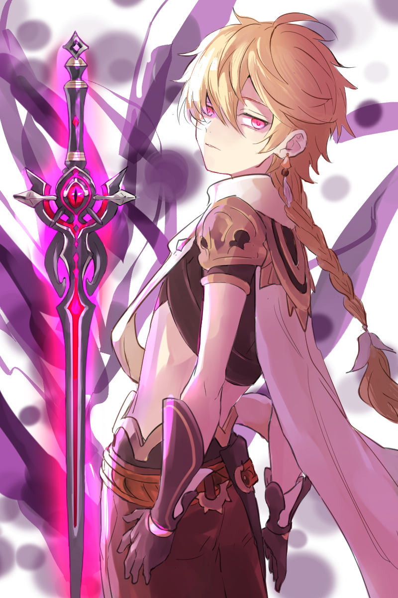 1boy, aether_(genshin_impact), ahoge, alternate_eye_color, arm_armor, armor, belt, black_gloves