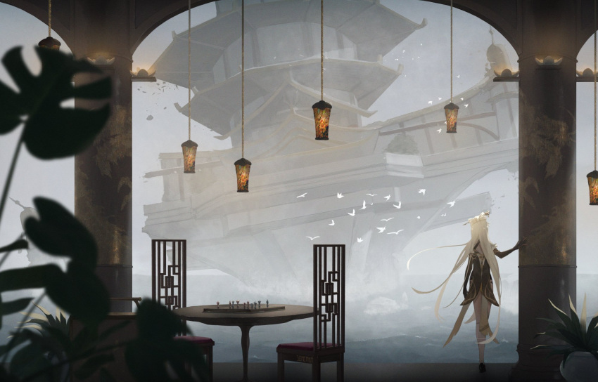 1girl, bird, blurry, blurry_foreground, chair, chessboard, china_dress, chinese_clothes