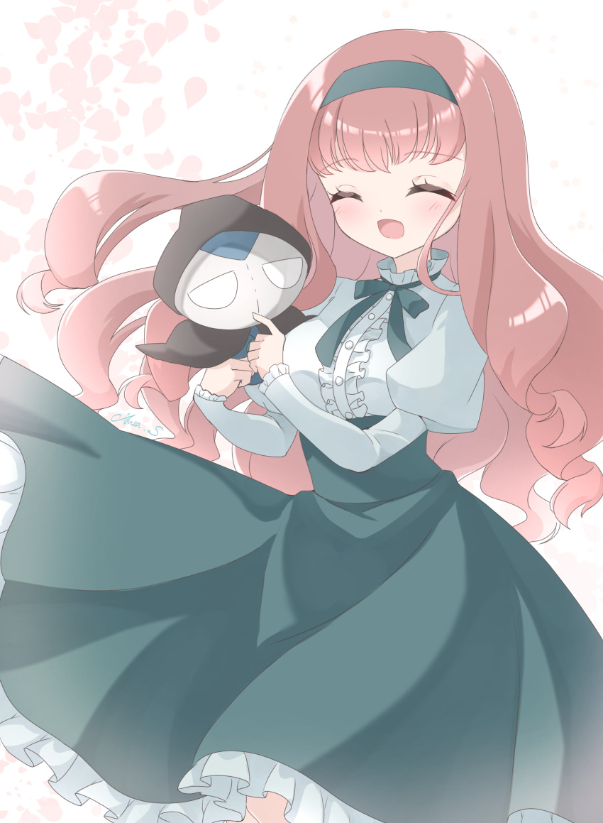 1girl, :d, absurdres, brown_hair, cardfight!!_vanguard:_overdress, character_doll, closed_eyes, dress