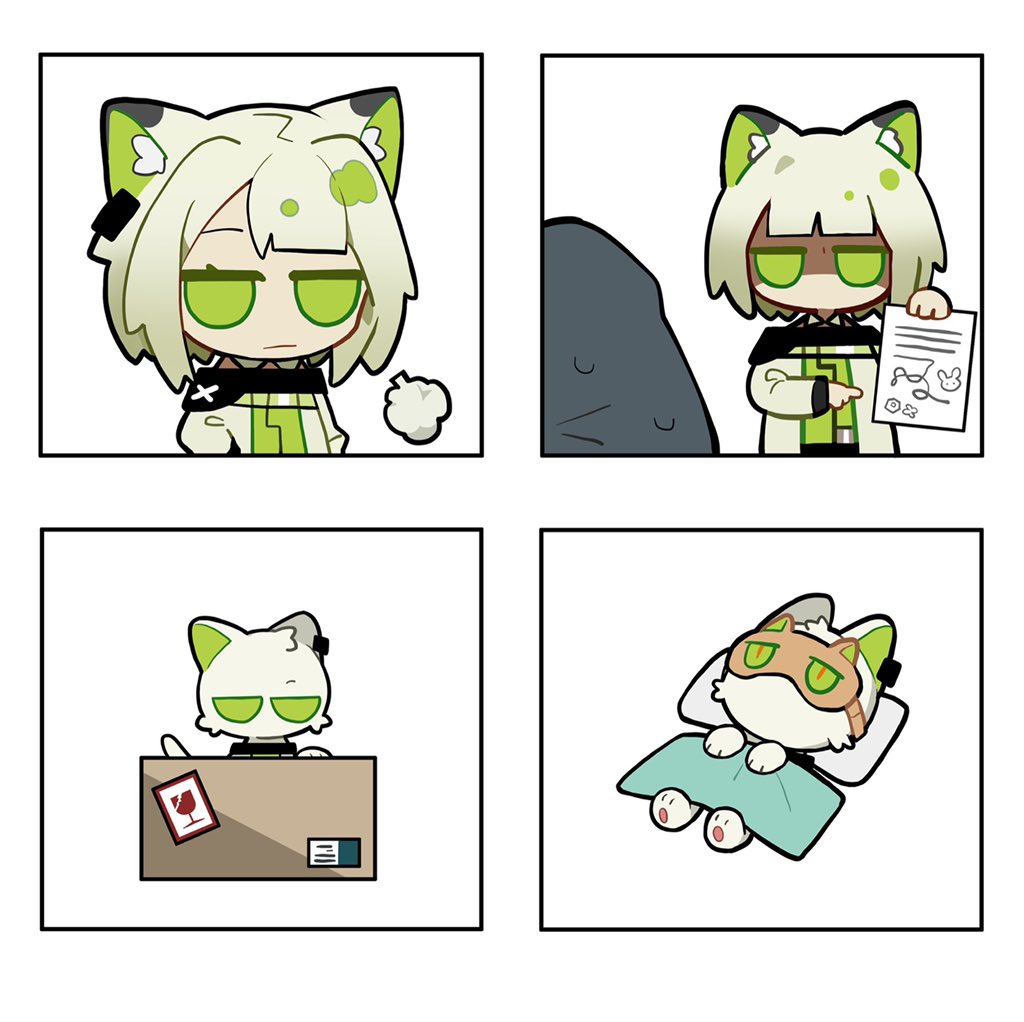 1girl, 1other, animal_ears, animalization, arknights, blanket, box, cat, cat_ears, cat_girl, chibi, closed_mouth, commentary, doctor_(arknights), dress, eye_mask, fragile_symbol, green_dress, holding, holding_paper, in_box, in_container, jacket, jitome, kal'tsit_(arknights), lying, on_back, paper, pillow, pointing, sidelocks, simple_background, south_ac, symbol-only_commentary, white_background, white_jacket