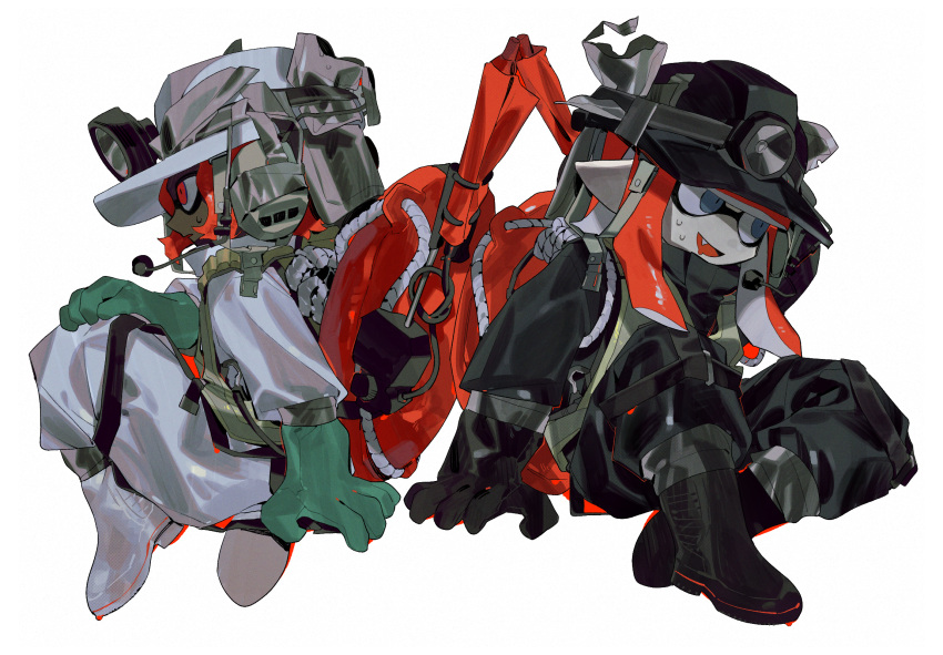 1girl, 1other, androgynous, arm_support, back-to-back, black_footwear, black_gloves, black_jumpsuit