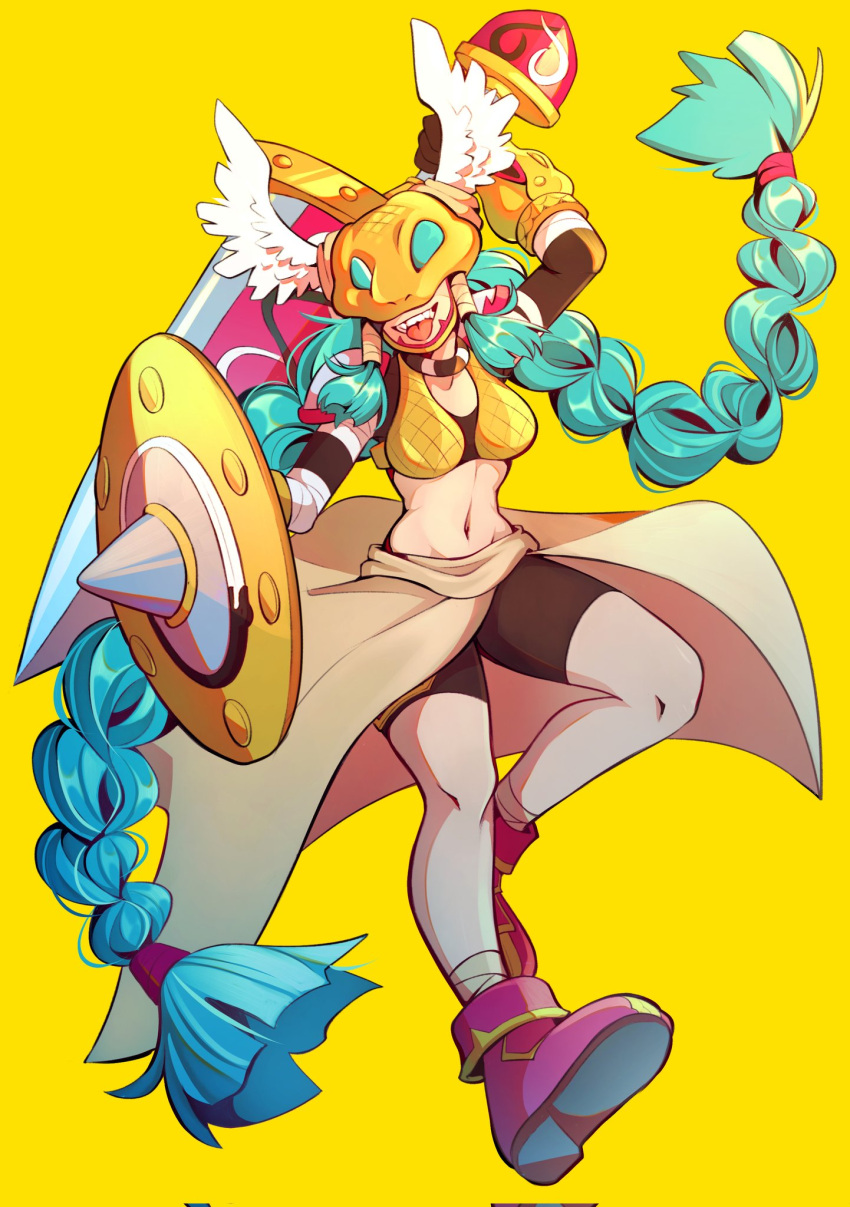 1girl, aqua_hair, braid, covered_eyes, digimon, digimon_(creature), helmet_over_eyes, highres