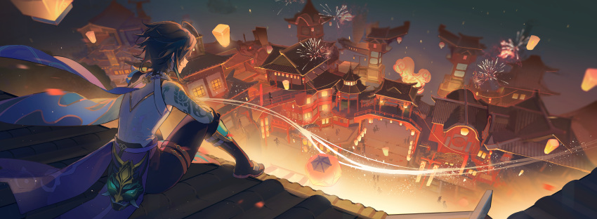 1boy, absurdres, aerial_fireworks, ahoge, annshiro76, architecture, arm_tattoo, back_cutout