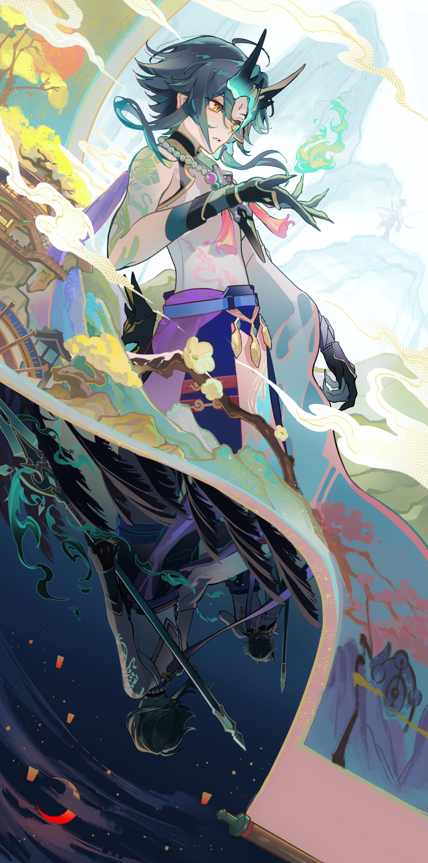 1boy, absurdres, annshiro76, aqua_hair, architecture, arm_tattoo, asymmetrical_clothes, bead_necklace