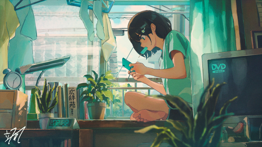 1girl, absurdres, aqua_eyes, aqua_theme, barefoot, black_hair, book, clock, clothes, computer, controller, curtains, desk, feet, food, game_controller, green_shirt, hair_between_eyes, hair_ornament, hairclip, hayateluc, highres, holding, holding_controller, holding_game_controller, ice_cream, indoors, monitor, original, plant, playing_games, procreate_(medium), shirt, short_hair, signature, sitting, soles, solo, t-shirt, television, toes, window