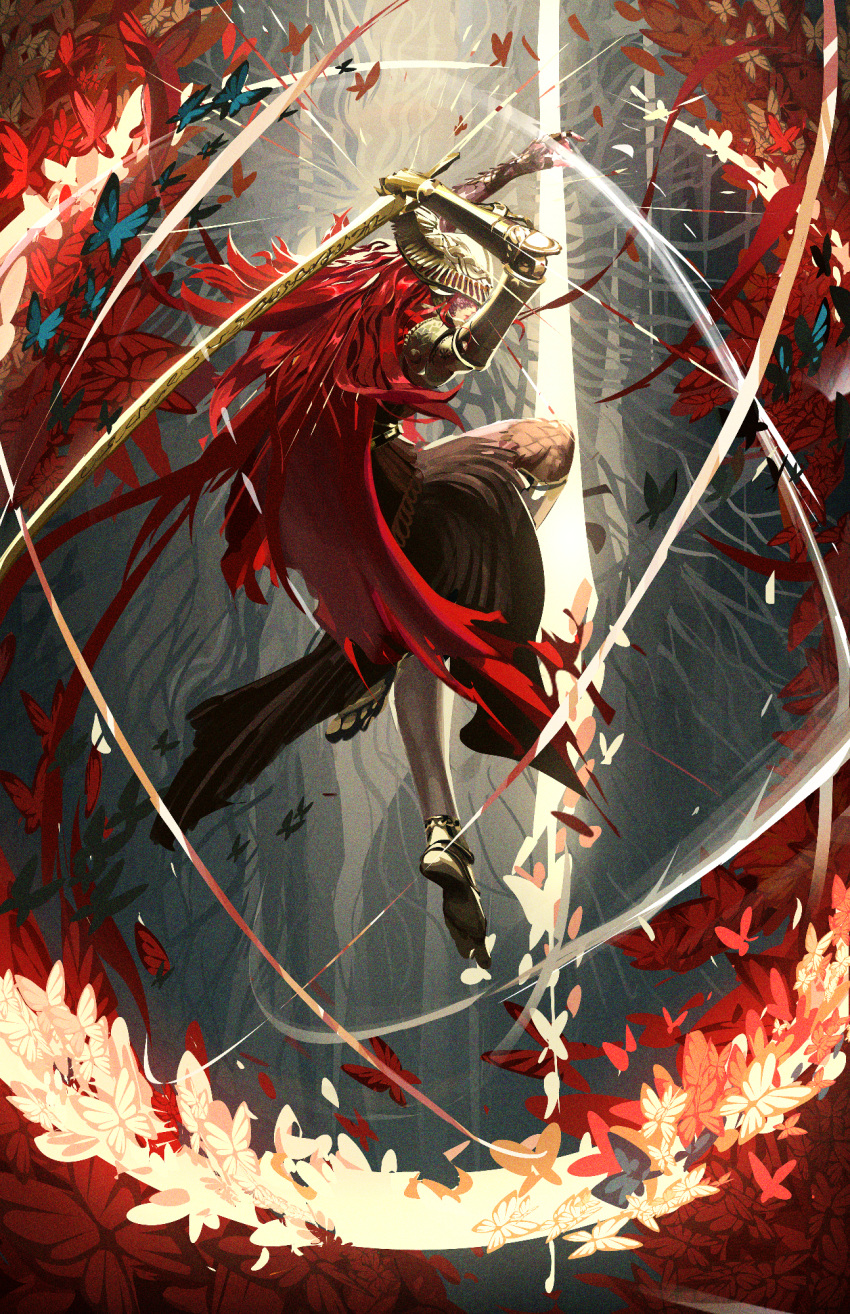 1girl, attack, billowing_cape, blue_butterfly, brown_dress, bug, butterfly, cape, covered_eyes, dress, elden_ring, gold_armor, golden_sword, hair_flowing_over, helmet, helmet_over_eyes, highres, holding, holding_sword, holding_weapon, incoming_attack, ishutani, jumping, long_hair, malenia_blade_of_miquella, prosthesis, prosthetic_arm, prosthetic_leg, raise_sword, red_butterfly, red_cape, redhead, scar, scar_on_face, scar_on_hand, scar_on_leg, sword, valkyrie, warrior, weapon, winged_helmet, yellow_butterfly