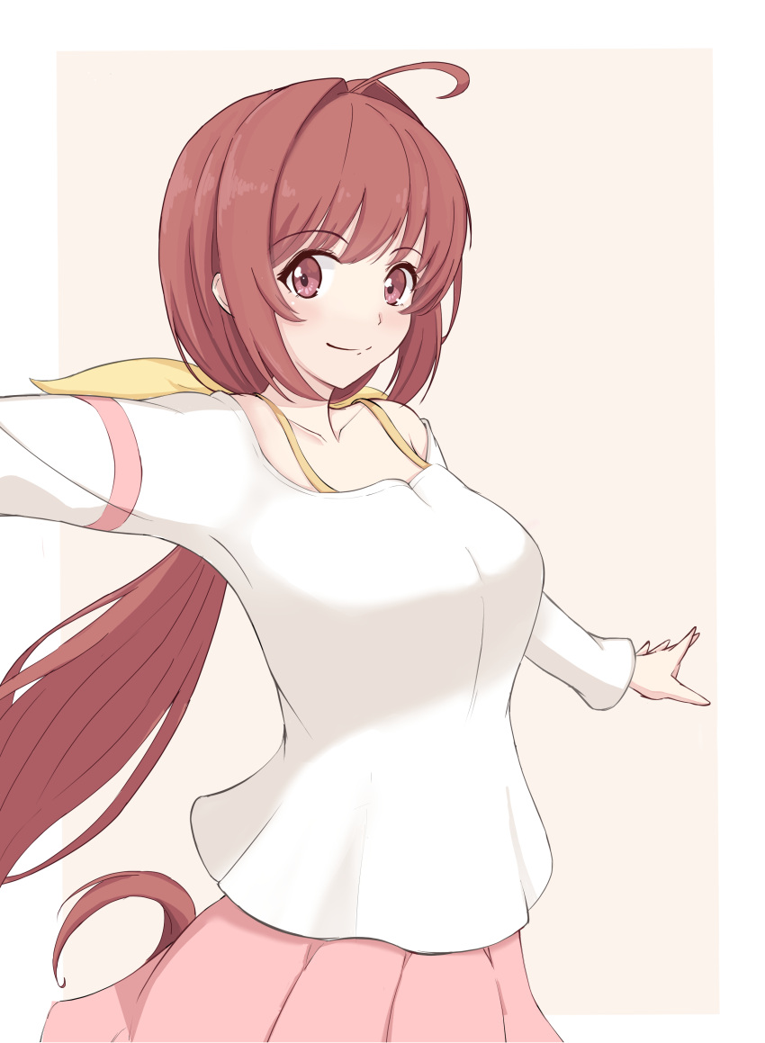 absurdres, ahoge, blush, border, breasts, collarbone, floating, hair_intakes, hair_ribbon, highres, kagami_sumika, long_hair, medium_breasts, muv-luv, muv-luv_alternative, muv-luv_alternative_(anime), open_hand, pink_background, pink_skirt, pleated_skirt, red_eyes, redhead, ribbon, shirt, sin_sin_shinji, skirt, smile, very_long_hair, white_border, white_shirt, yellow_ribbon