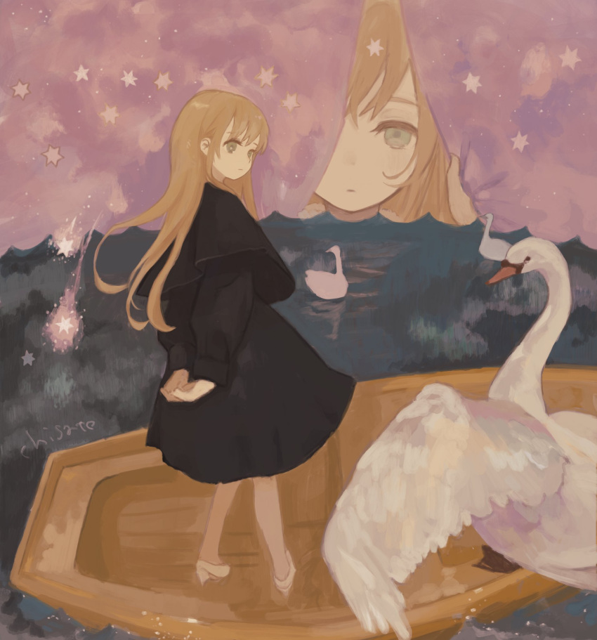 2girls, afloat, artist_name, bird, black_capelet, black_dress, blonde_hair, capelet