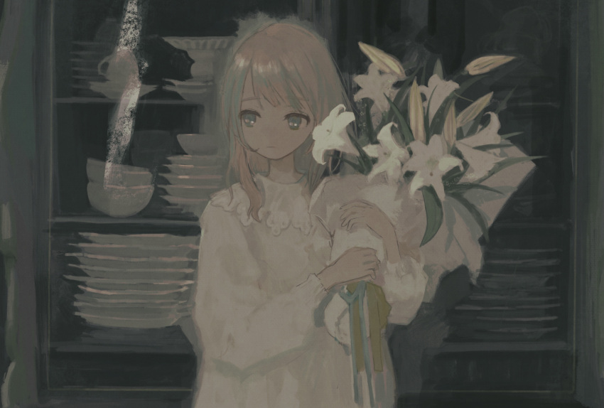 1girl, blue_eyes, bouquet, bowl, brown_hair, chisato_charme, closed_mouth, collared_dress