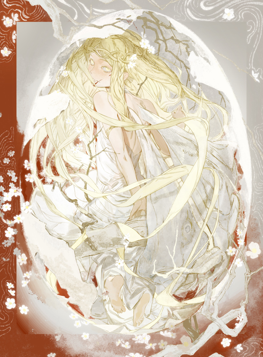 1boy, absurdres, backless_dress, backless_outfit, blonde_hair, braid, cocoon, dress
