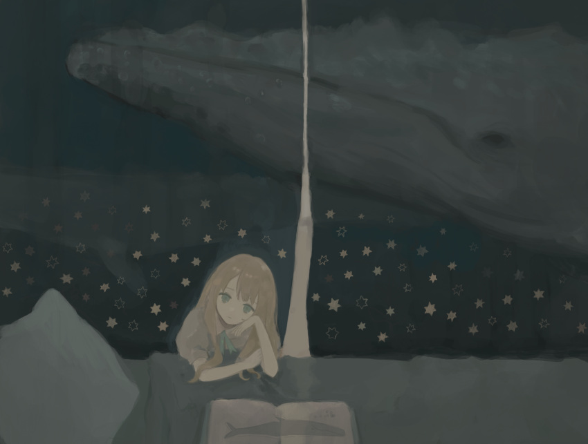 1girl, absurdres, against_bed, bed, black_curtains, blonde_hair, blue_eyes, blue_ribbon