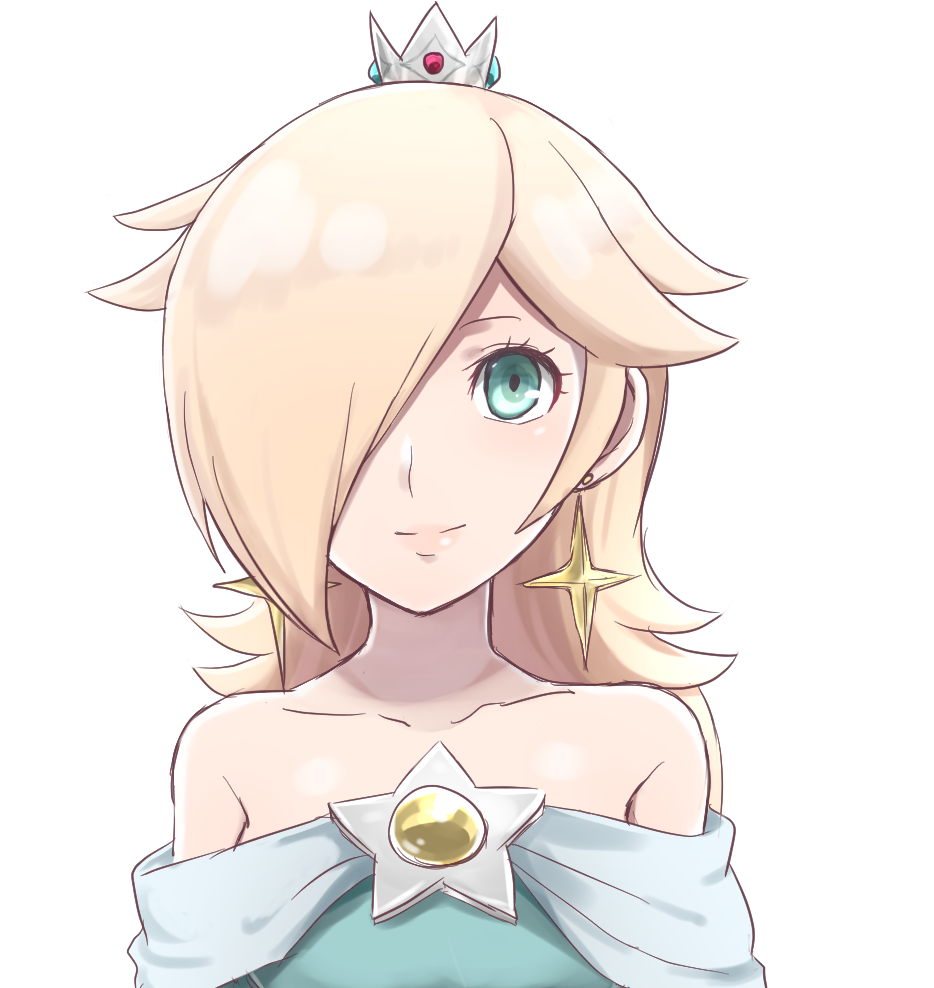 bare_shoulders, blonde_hair, blue_dress, blue_eyes, brooch, closed_mouth, commentary, crown, dress, earrings, hair_over_one_eye, haniwa_(8241427), jewelry, long_hair, looking_at_viewer, off-shoulder_dress, off_shoulder, rosalina, smile, star_(symbol), star_brooch, star_earrings, super_mario_bros., super_mario_galaxy, upper_body, white_background