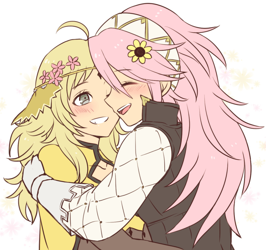 2girls, ahoge, blonde_hair, blush, fire_emblem, fire_emblem_fates, flower, gambeson