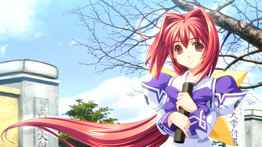 1girl, ahoge, bare_tree, bou, bow, clouds, diploma, hair_intakes, hair_ribbon, hakuryou_high_school_uniform, highres, holding, kagami_sumika, looking_at_viewer, muv-luv, muv-luv_supplement, official_art, purple_bow, red_eyes, redhead, ribbon, school_uniform, shirt, skirt, sky, smile, solo, tree, white_shirt, white_skirt, yellow_ribbon