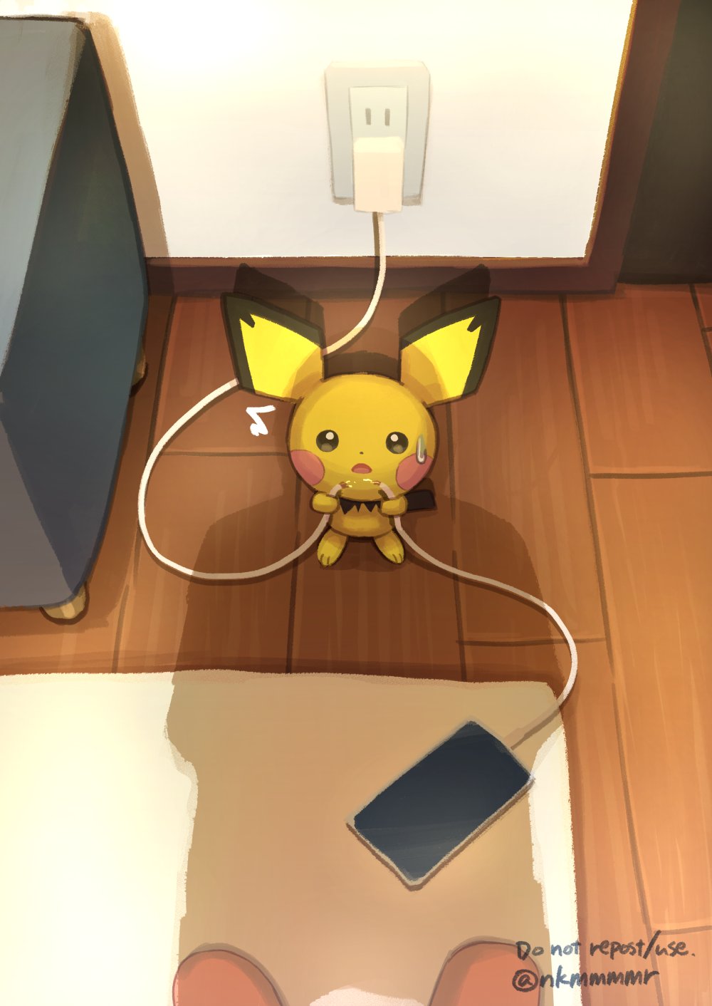 artist_name, broken_cable, brown_footwear, cellphone, charger, couch, electrical_outlet, funahashi_(nkmmmmr)