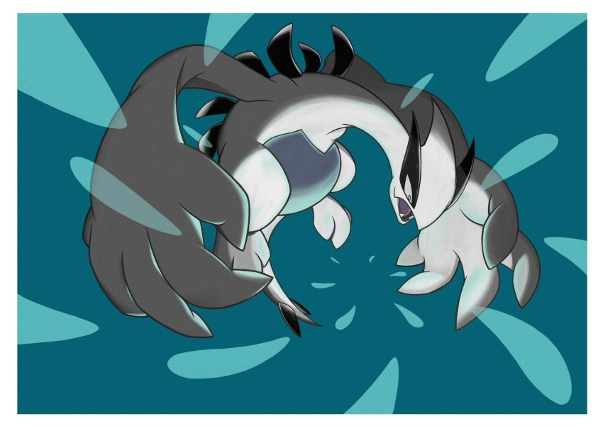 blue_background, border, full_body, highres, komugicorn, lugia, no_humans, open_mouth