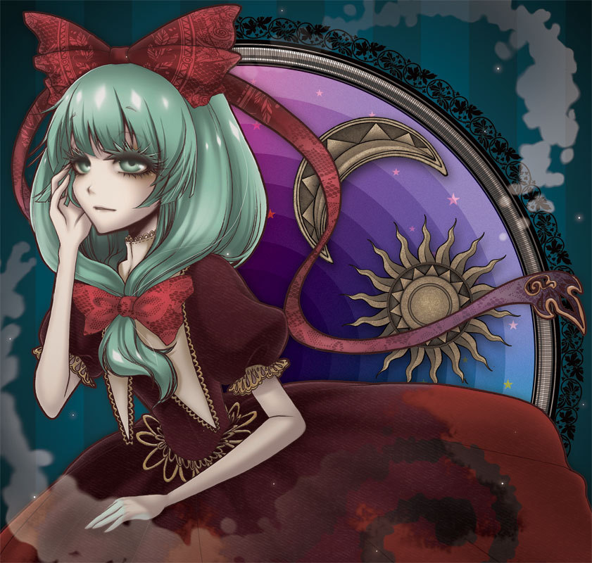 alternate_hairstyle, aqua_eyes, aqua_hair, bad_id, bow, colored_eyelashes, eyelashes, front_ponytail, hair_bow, jpeg_artifacts, kagiyama_hina, moon, nawoki, sidelocks, sun, touhou