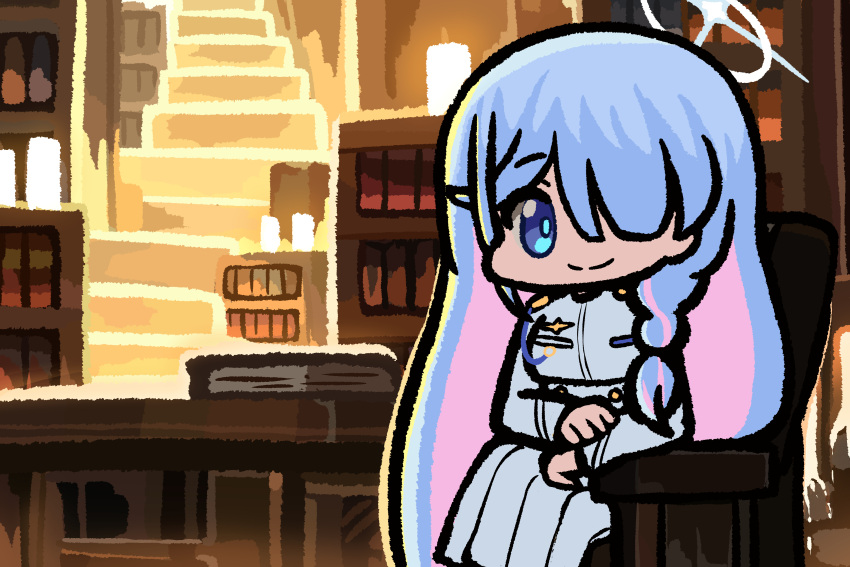 1girl, absurdres, aqua_eyes, blue_archive, blue_hair, braid, general_student_council_president_(blue_archive), hair_over_one_eye, halo, highres, library, library_of_ruina, multicolored_hair, panatisia, parody, project_moon, single_braid, two-tone_hair