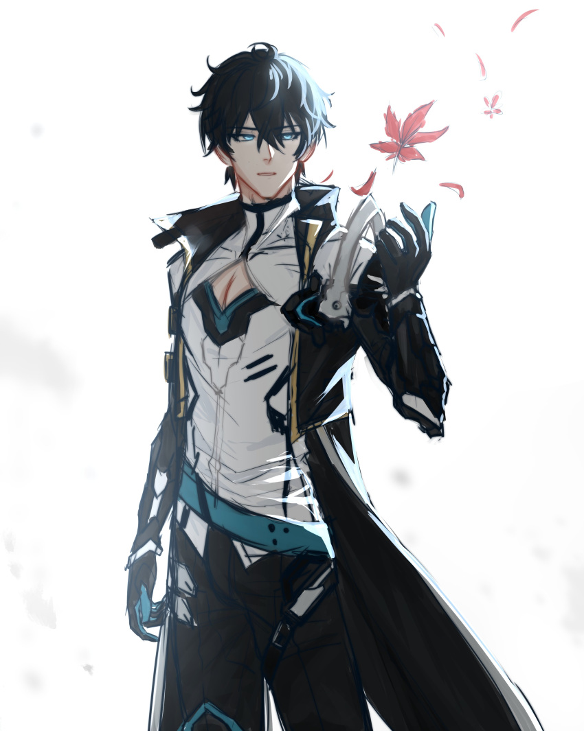 1boy, absurdres, black_coat, black_gloves, black_hair, black_pants, chihuahuarien, coat