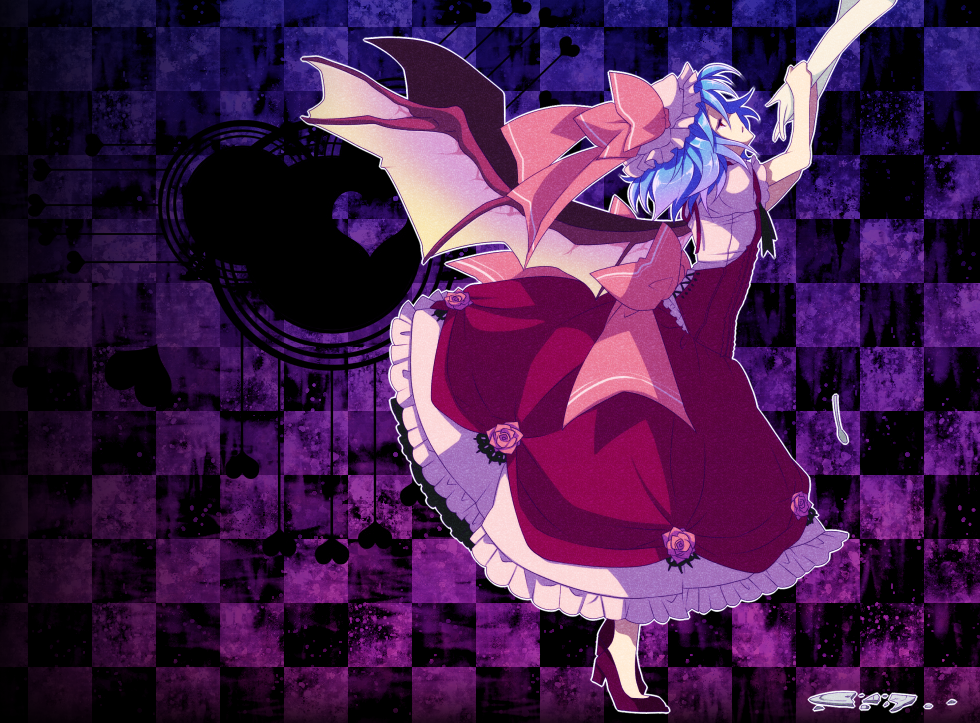 bat_wings, blue_hair, bow, checkered, checkered_background, dress, hands, hat