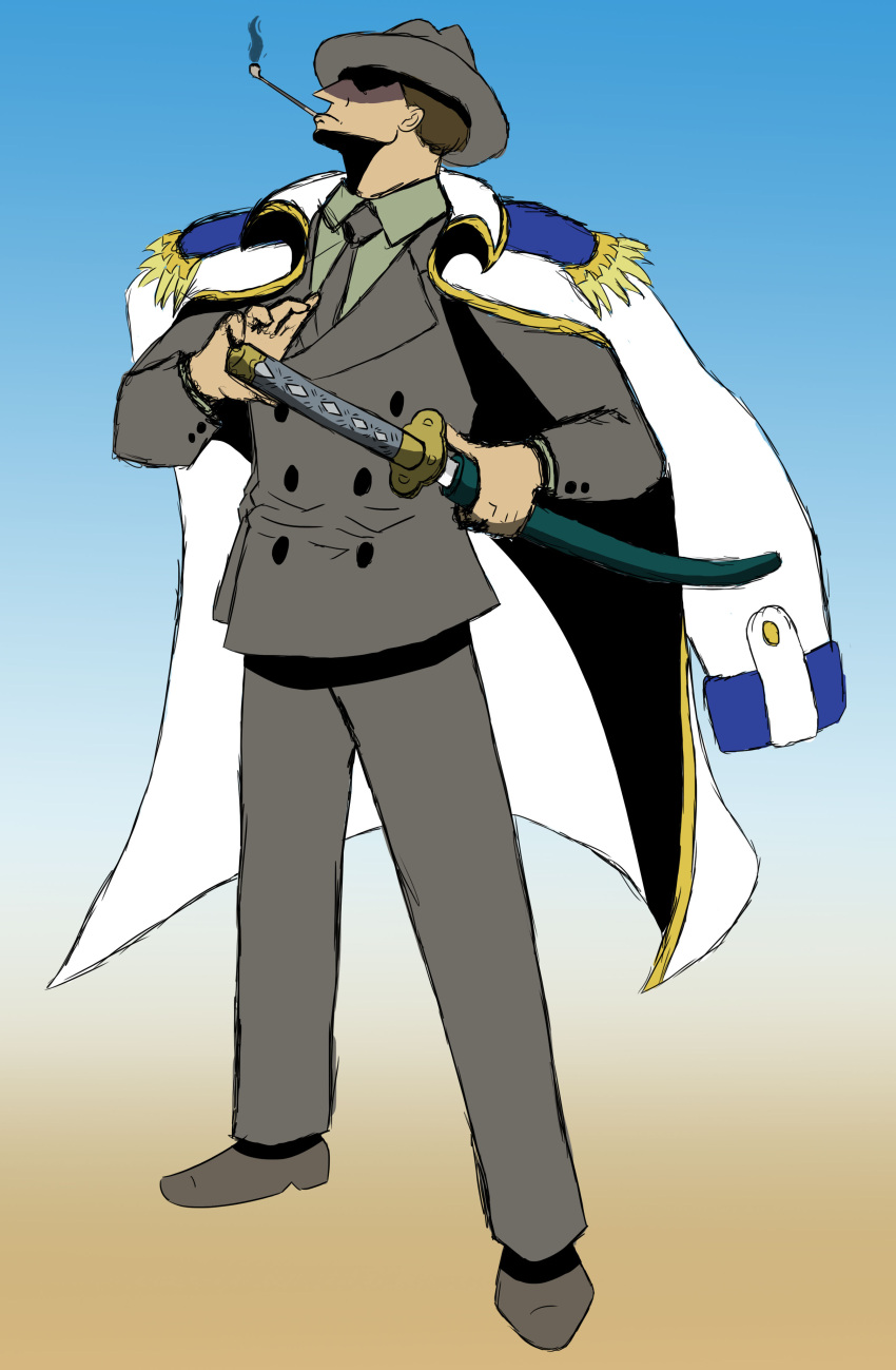 1boy, absurdres, bogard_(one_piece), brown_hair, closed_mouth, coat, coat_on_shoulders, covered_eyes