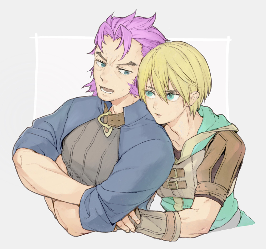 2boys, blonde_hair, blue_eyes, gensou_suikoden, gensou_suikoden_v, highres, hug, hug_from_behind, long_hair, male_focus, multiple_boys, natsuo_(hatohaco), open_mouth, purple_hair, richard_(suikoden), short_hair, simple_background, wilhelm_(suikoden)