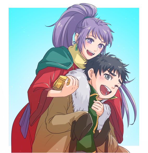 1boy, 1girl, arc_the_lad, black_hair, earrings, gloves, hug, hug_from_behind