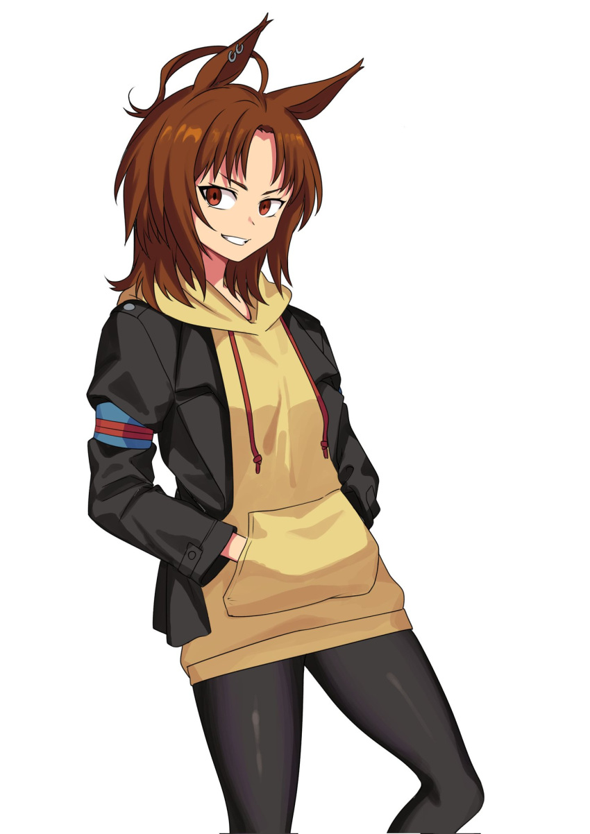 1girl, agnes_flight_(racehorse), ahoge, animal_ears, aqua_armband, armband, black_jacket, black_pantyhose, brown_eyes, brown_hair, commentary, drawstring, ear_piercing, feet_out_of_frame, fukuro_(maruaru00), genderswap, genderswap_(mtf), grin, hands_in_pocket, highres, hood, hoodie, horse_ears, horse_girl, jacket, long_sleeves, medium_hair, messy_hair, open_clothes, open_jacket, original, pantyhose, personification, piercing, simple_background, smile, solo, umamusume, white_background, yellow_hoodie