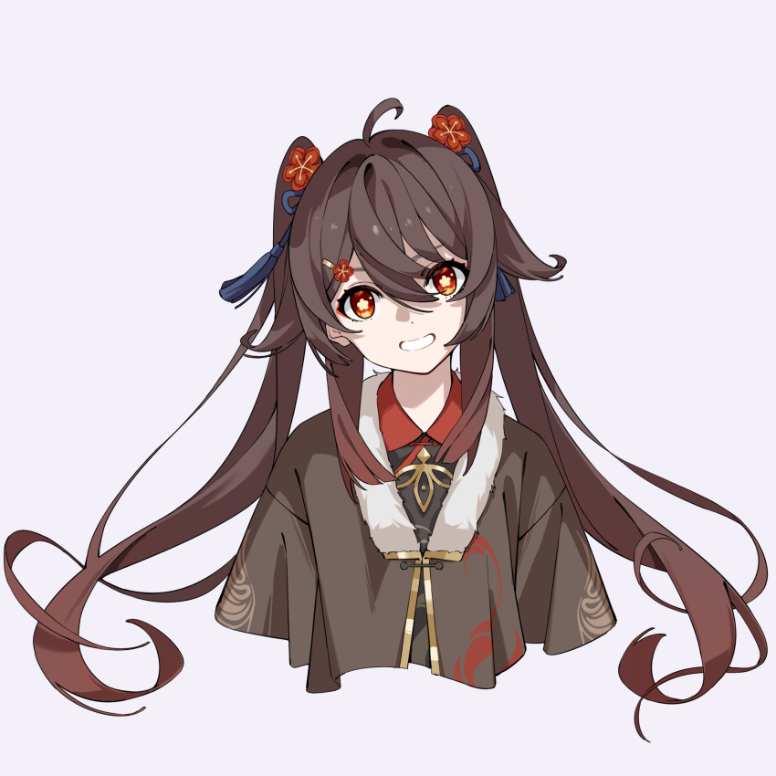 1girl, ahoge, alternate_costume, brown_coat, brown_hair, coat, cropped_torso, flower
