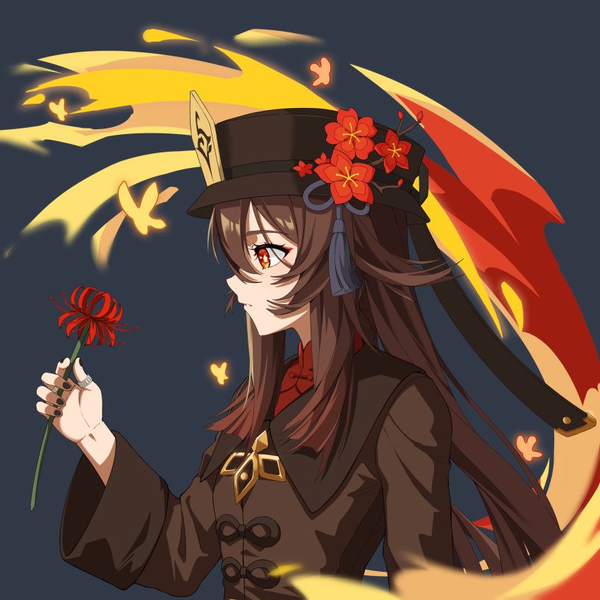 1girl, absurdres, black_headwear, black_nails, brown_coat, brown_hair, coat, dark_background