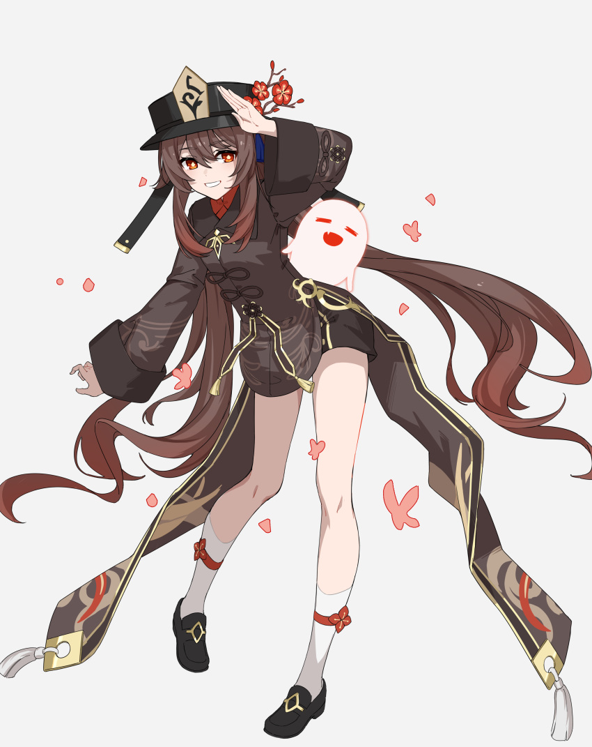 1girl, absurdres, black_footwear, black_headwear, black_shorts, boo_tao_(genshin_impact), brown_coat, brown_hair