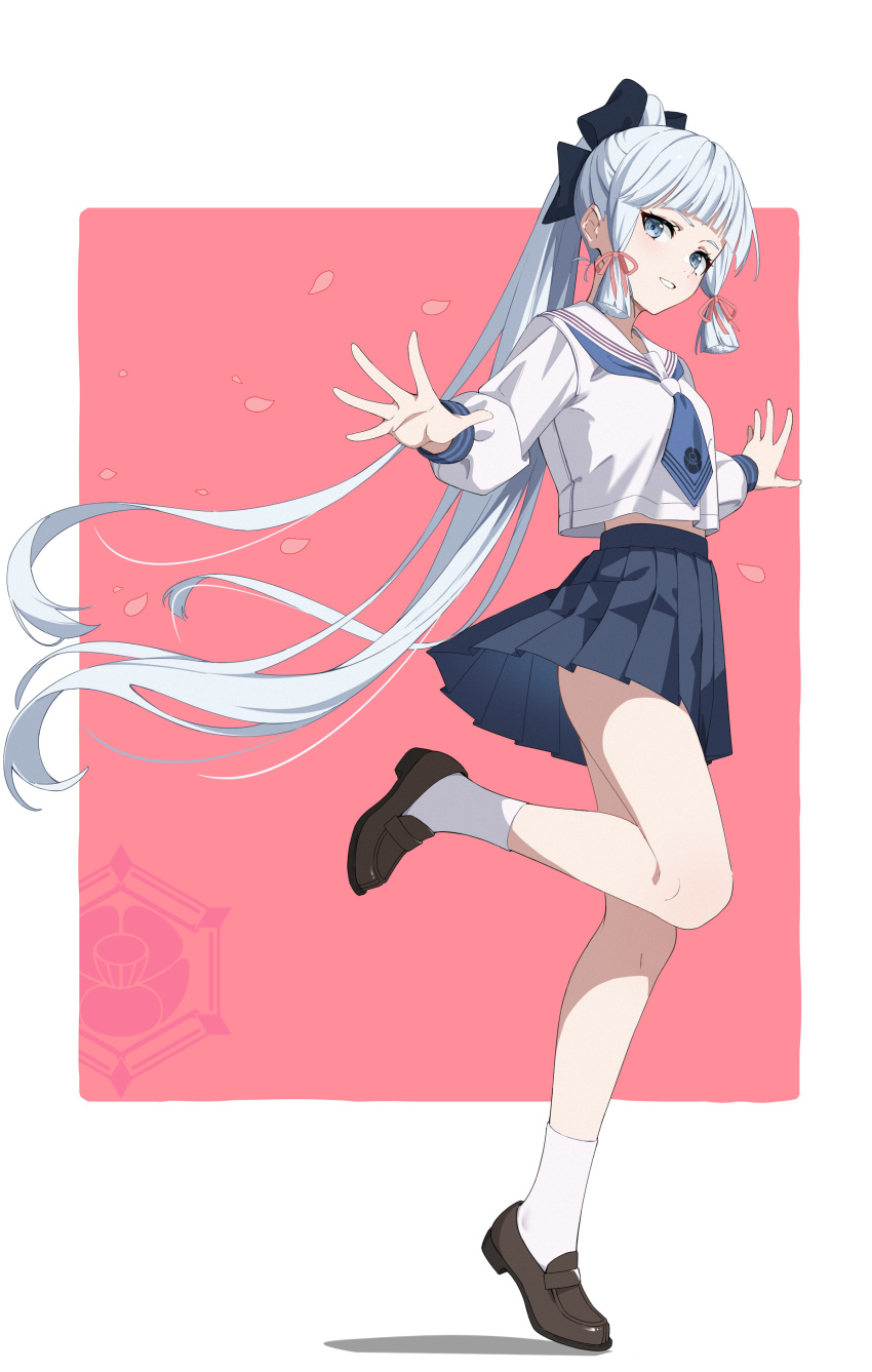 1girl, absurdres, alternate_costume, blue_bow, blue_neckerchief, blue_skirt, blunt_tresses, bow