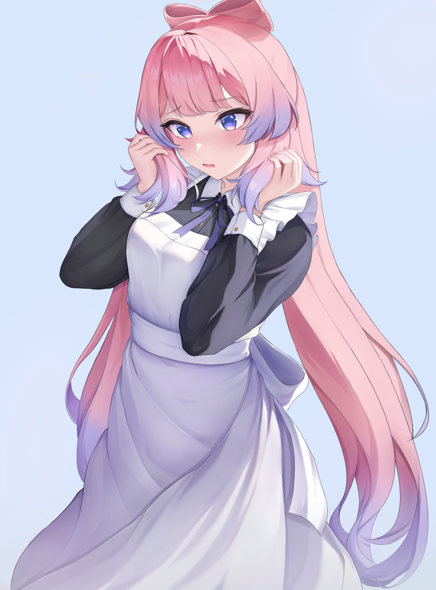 1girl, absurdres, alternate_costume, apron, blue_background, blush, bow-shaped_hair, colored_tips, embarrassed, enmaided, frilled_apron, frills, genshin_impact, hands_up, highres, long_hair, long_sleeves, lunixx, maid, multicolored_hair, neck_ribbon, purple_ribbon, ribbon, sangonomiya_kokomi, simple_background, sleeve_cuffs, solo, very_long_hair, violet_eyes, white_apron