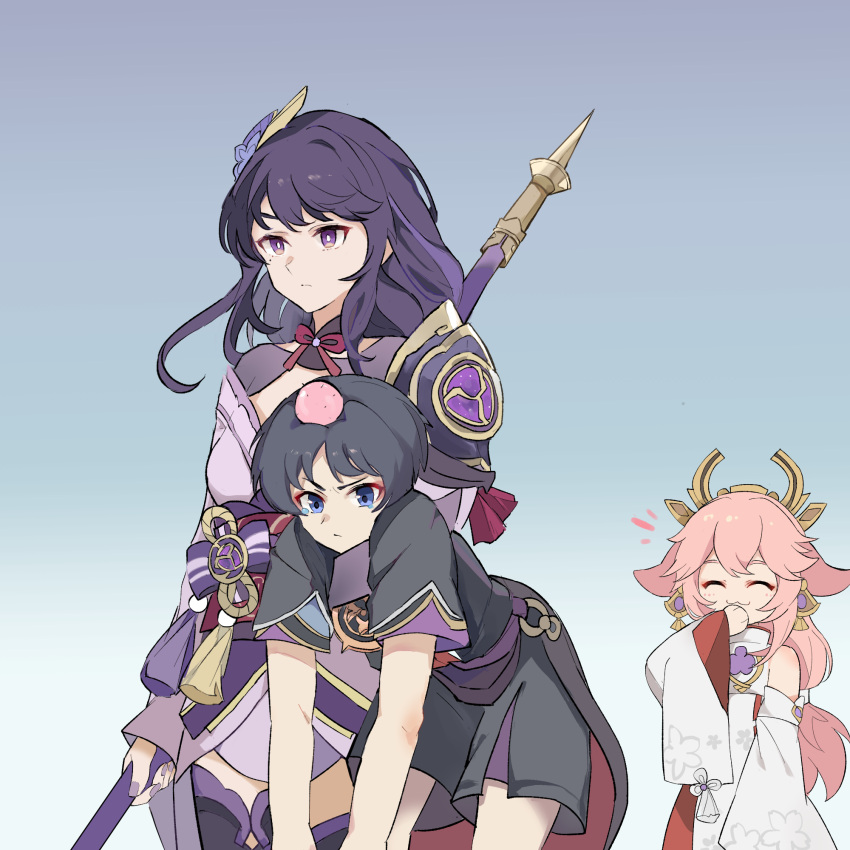 1boy, 2girls, :3, ^_^, black_hair, bright_pupils, carrying, closed_eyes