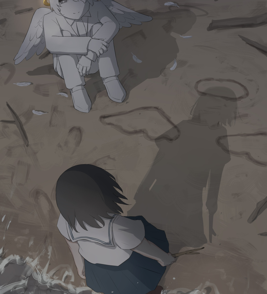 1boy, 1girl, absurdres, angel, angel_wings, avogado6, beach, black_hair