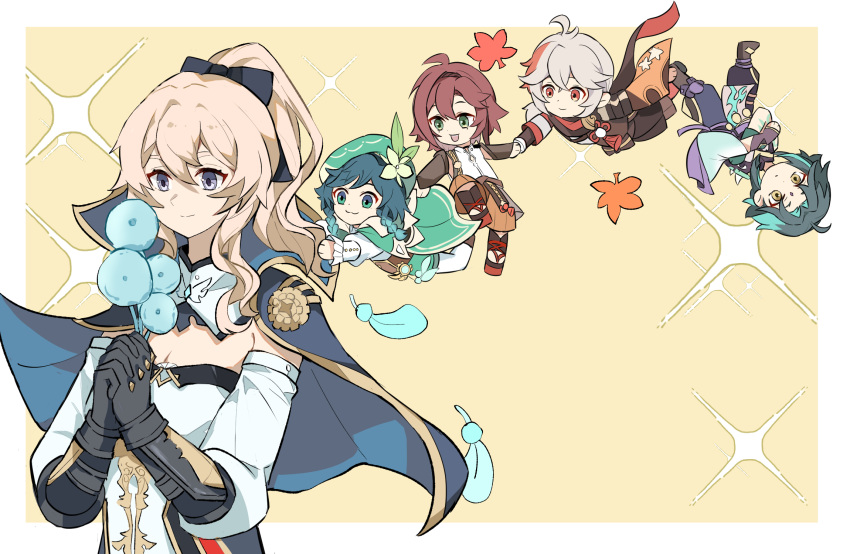 1girl, 4boys, aqua_cape, aqua_hair, aqua_headwear, black_gloves, blonde_hair, blue_capelet