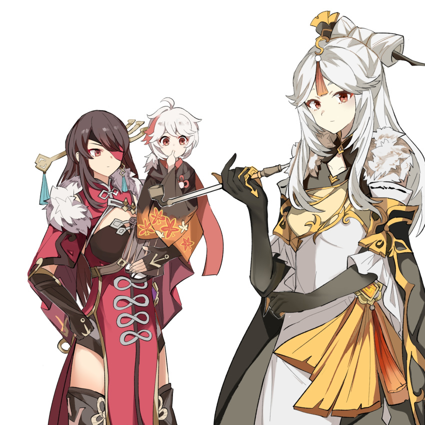 1boy, 2girls, aged_down, beidou_(genshin_impact), black_gloves, brown_hair, chinese_clothes, closed_mouth