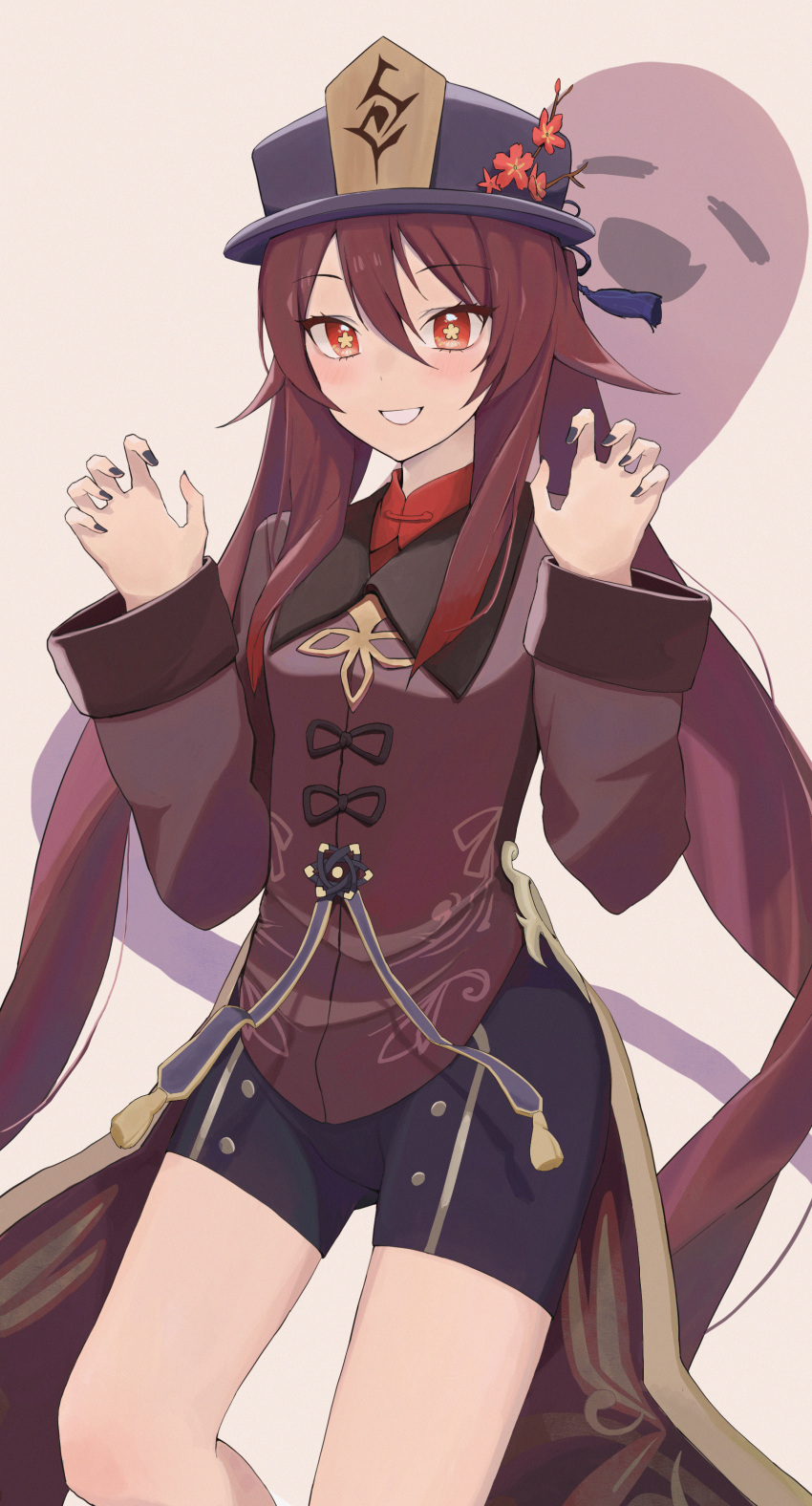 1girl, absurdres, black_nails, black_shorts, boo_tao_(genshin_impact), brown_coat, brown_hair, coat