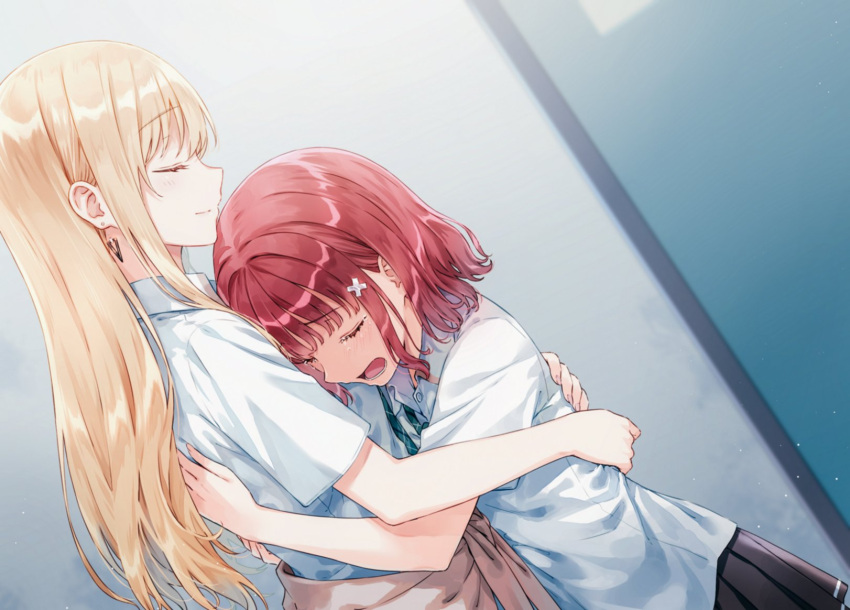 2girls, ayase_saki, black_skirt, closed_eyes, closed_mouth, clothes_around_waist, crying, earrings