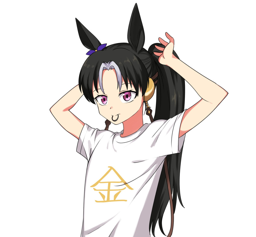 1girl, animal_ears, arms_up, black_hair, bow, casual, clothes_writing, commentary_request