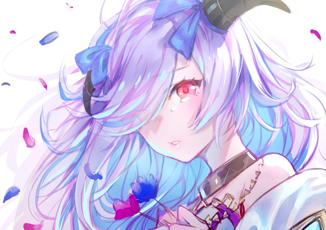 1girl, black_horns, blue_flower, blue_ribbon, blue_rose, commentary, eitr_(fire_emblem), falling_petals, fire_emblem, fire_emblem_heroes, floating_hair, flower, goat_horns, hair_over_one_eye, hair_ribbon, holding, holding_flower, horns, light_purple_hair, long_hair, looking_at_viewer, one_eye_covered, parted_lips, petals, pink_eyes, purple_flower, purple_rose, ribbon, rose, solo, t_misaomaru