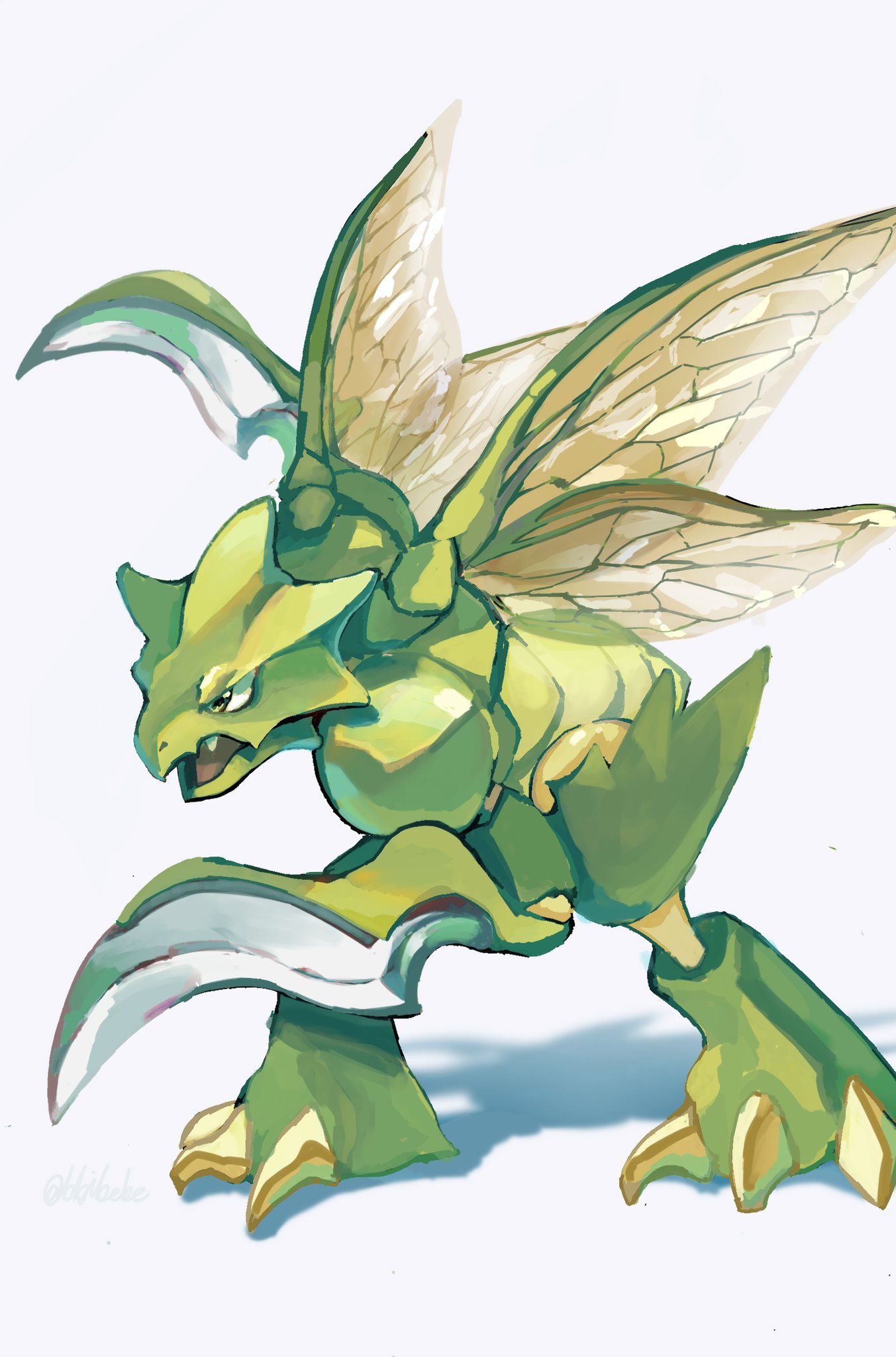 bbibebe, highres, insect_wings, no_humans, open_mouth, pokemon, pokemon_(creature), scyther