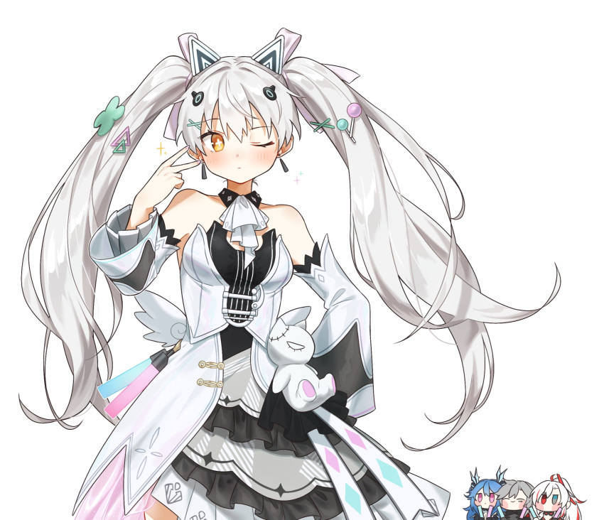 1boy, 3girls, alpha_(punishing:_gray_raven), animal_ears, ascot, bare_shoulders, black_collar, black_dress, blonde_hair, blush, closed_eyes, closed_mouth, collar, cosplay, cross-shaped_pupils, detached_sleeves, dress, earrings, fake_animal_ears, fake_wings, fins, frilled_dress, frills, grey_dress, grey_eyes, grey_hair, hair_ornament, head_fins, heterochromia, highres, holding_glowstick, idol, jewelry, karenina_(punishing:_gray_raven), lamia_(punishing:_gray_raven), lollipop_hair_ornament, long_hair, lucia:_crimson_weave_(punishing:_gray_raven), luna_(punishing:_gray_raven), multiple_girls, myam_(123ab456c), one_eye_closed, orange_eyes, ponytail, punishing:_gray_raven, red_eyes, roland_(punishing:_gray_raven), shell_hair_ornament, stuffed_animal, stuffed_cat, stuffed_toy, symbol-shaped_pupils, triangle_earrings, triangle_hair_ornament, twintails, v, very_long_hair, violet_eyes, white_ascot, white_background, white_hair, wings, x_hair_ornament