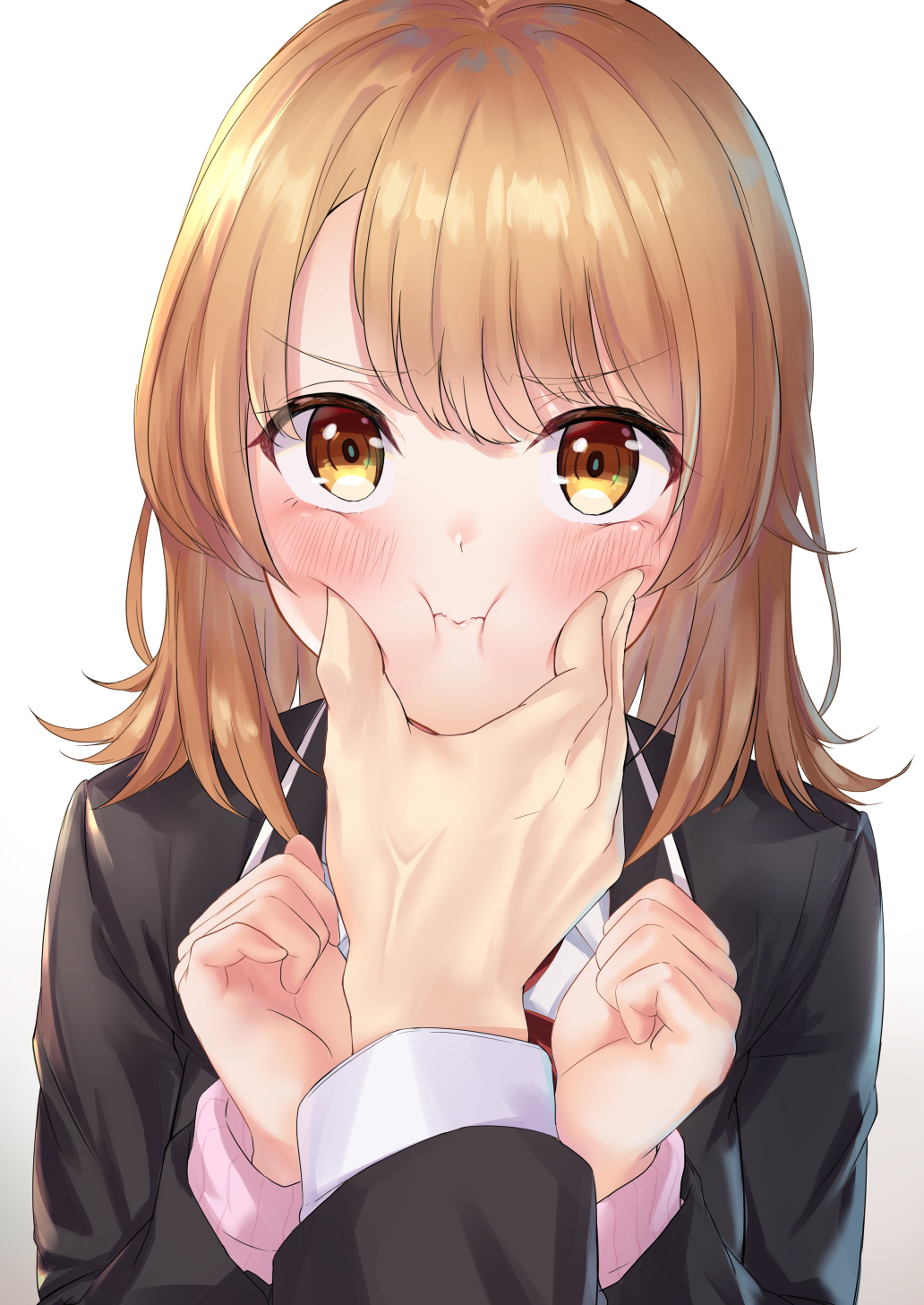 1boy, 1girl, arms_up, black_jacket, blonde_hair, blush, cardigan, cardigan_under_jacket