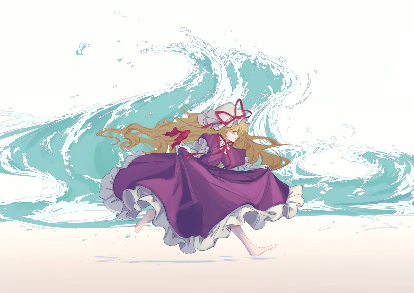 1girl, absurdres, barefoot, blonde_hair, bow, dress, frilled_dress, frills