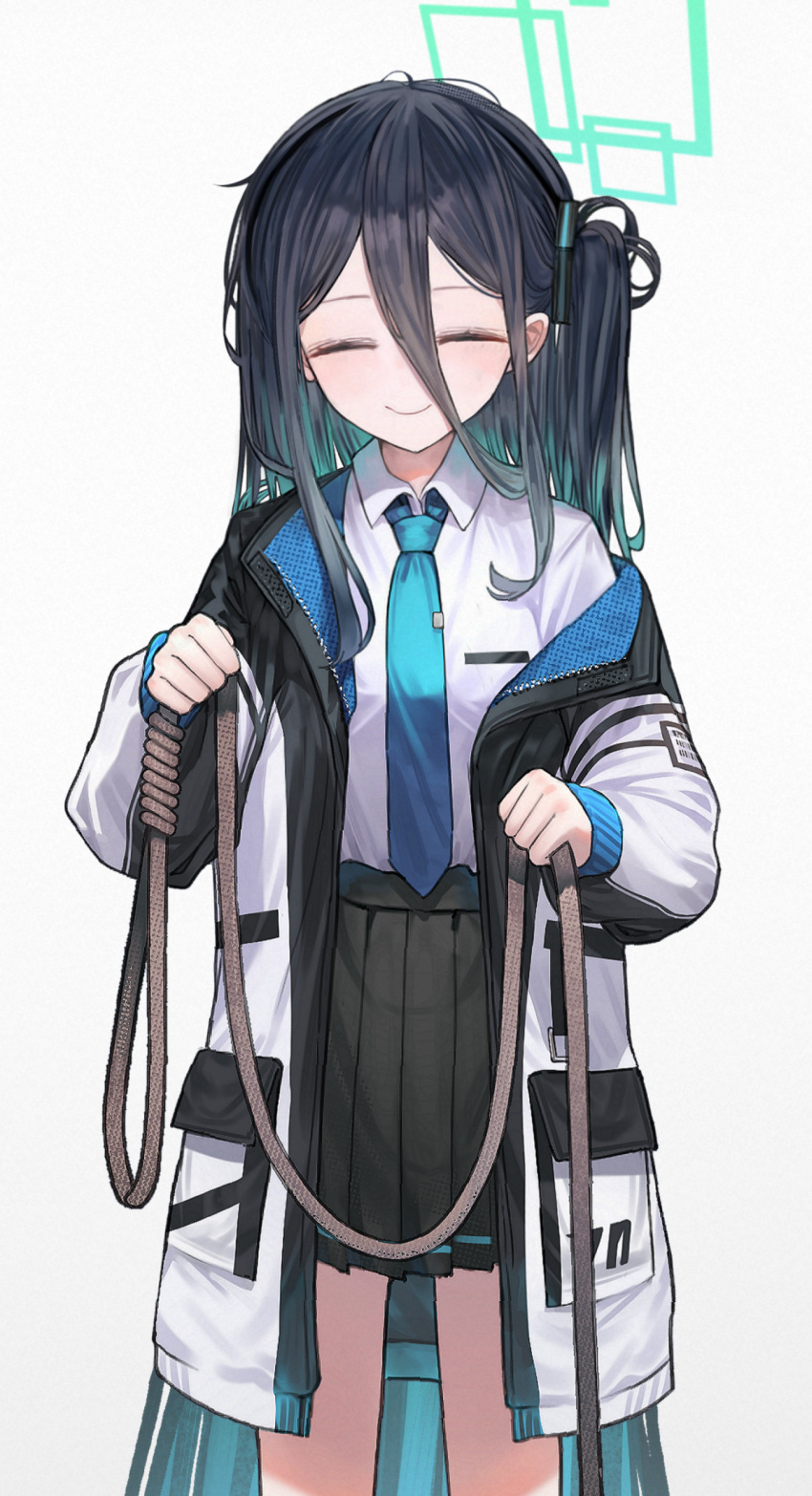 1girl, absurdly_long_hair, absurdres, aris_(blue_archive), black_jacket, black_skirt, blue_archive, blue_hair