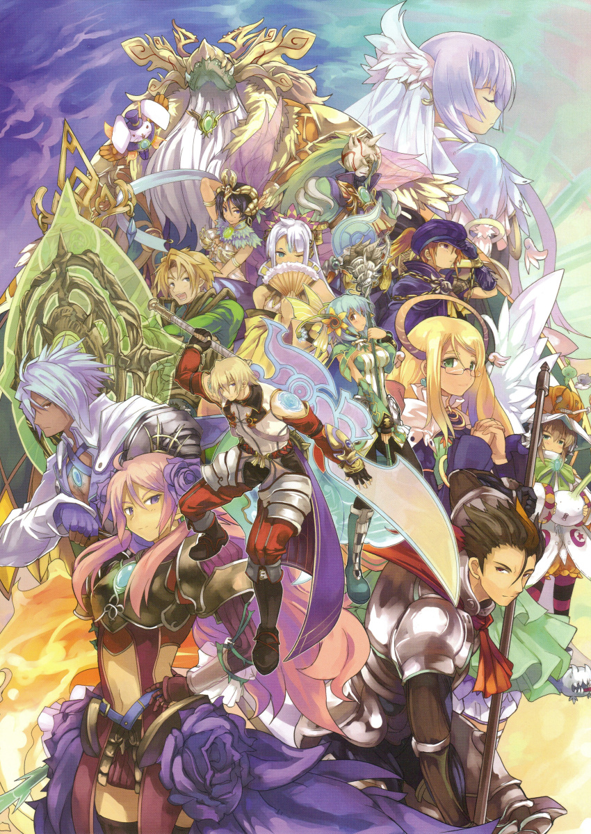 ashley_(luminous_arc), blue_hair, bona, bunny, dhino, eruru_(luminous_arc), everyone, fan, flower, glasses, glen, haine_(luminous_arc), hair_flower, hair_ornament, halo, hat, highres, huge_filesize, inaruna, luminous_arc, luminous_arc_3, miria_(luminous_arc), oru, pink_hair, pumpkin, refi, rin_(luminous_arc), sara_(luminous_arc), shibano_kaito, shion_(luminous_arc), sword, weapon, white_hair, wings, wink, witch, yuu_(luminous_arc)