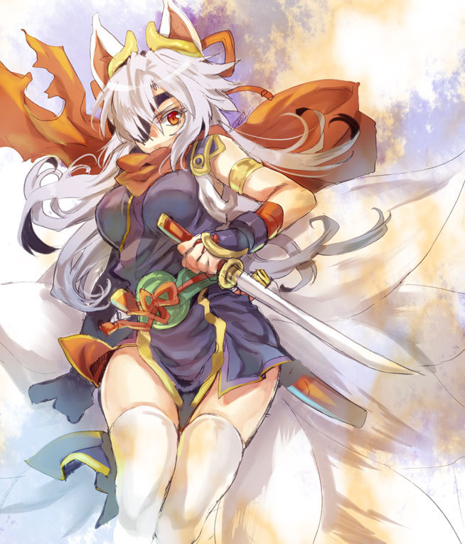 bow, demon_girl, eyepatch, fox_ears, kuon, kuon_(shinrabanshou), long_hair, multiple_tails, red_eyes, scarf, shinrabanshou, silver_hair, solo, sword, tail, tenkuu_sphere, thigh-highs, thighhighs, weapon, white_legwear, white_thighhighs